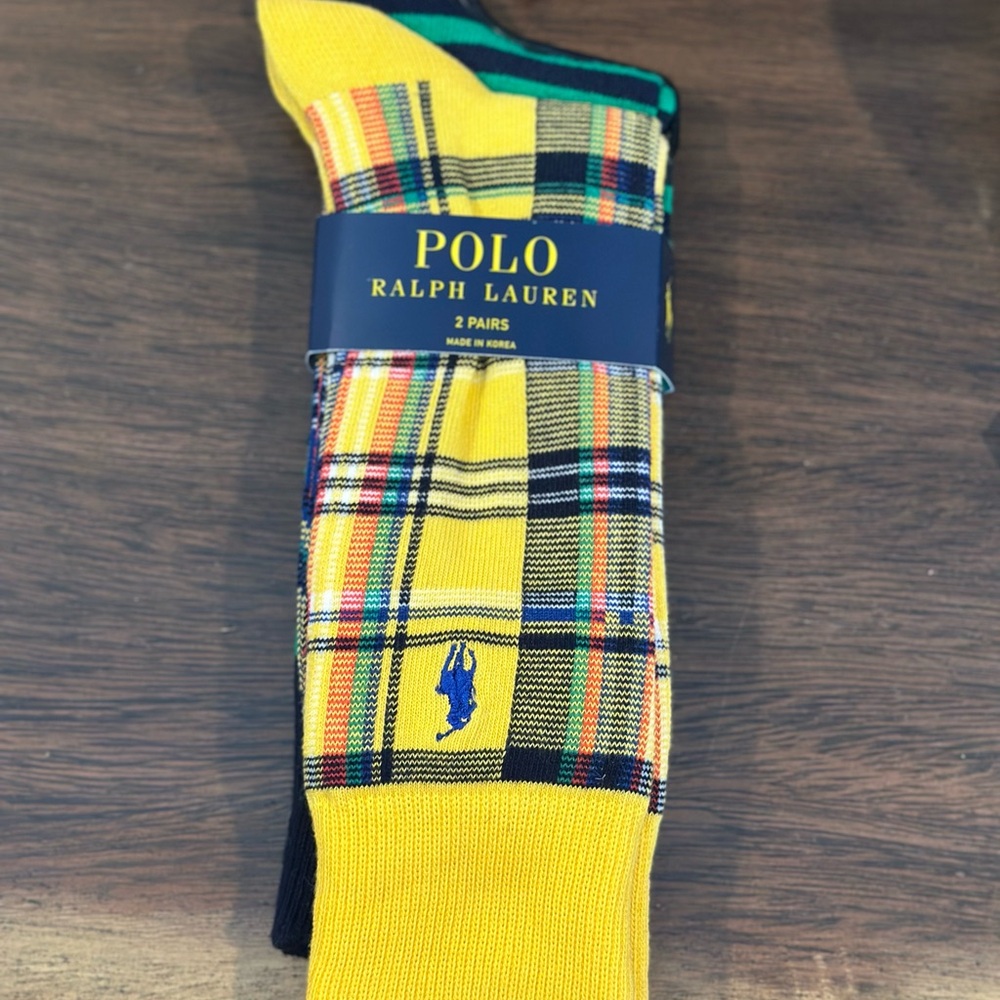 2 Pack Polo by Ralph Lauren Yellow Plaid/Green Blue striped Men's Socks